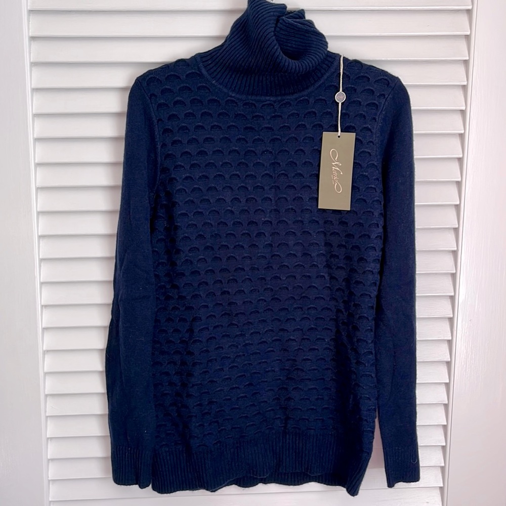 NWT Metric New York Perforated Cut Out Turtleneck Sweater in Navy Blue